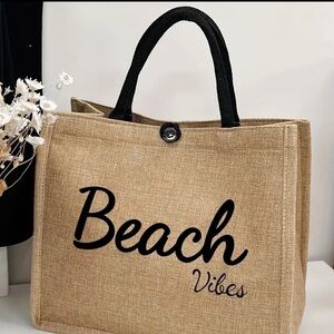 NIP! Beach Print Burlap Tote Bag